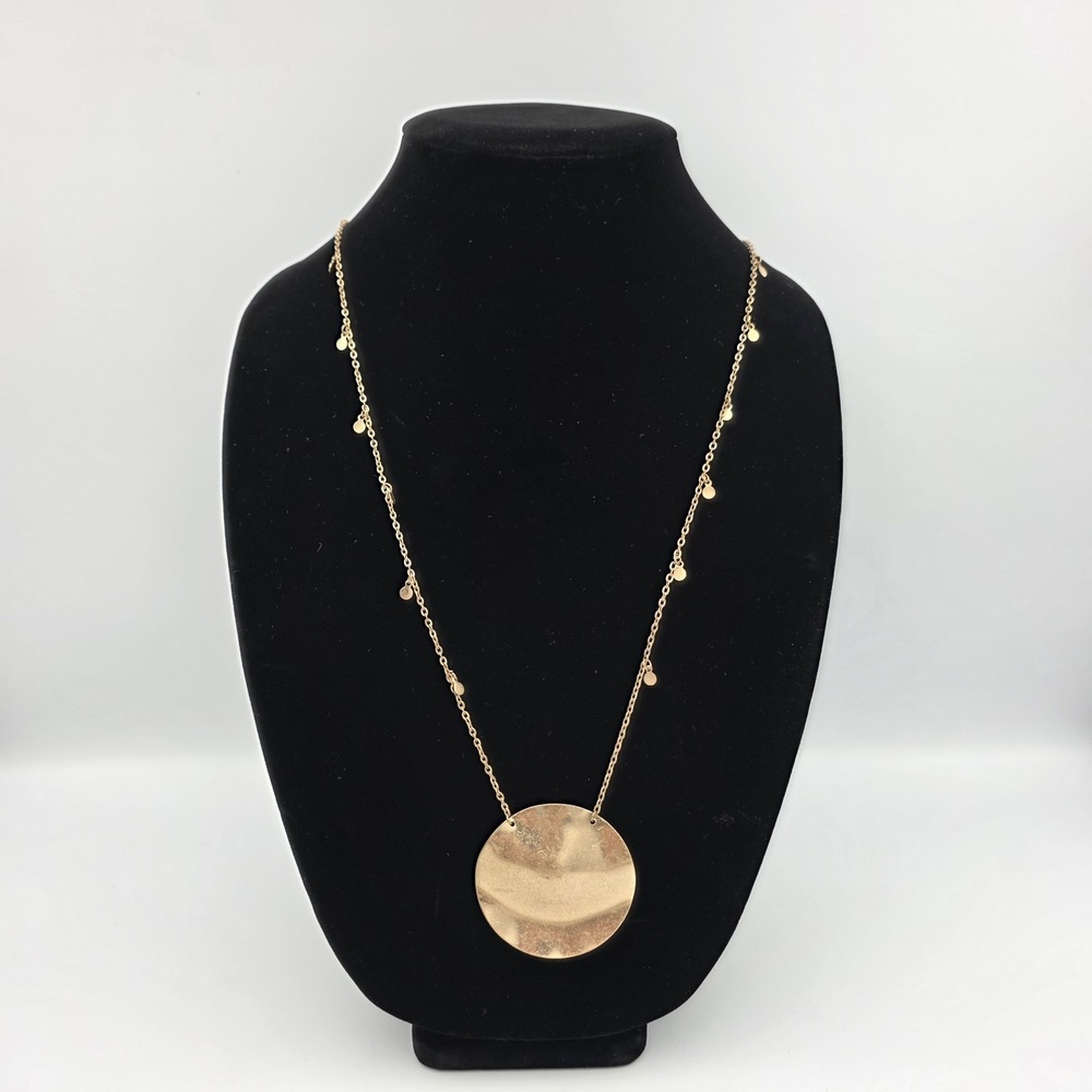 Wavy Brass Tone Meral Large Disc Pendant & Small Discs Chain Necklace 18"